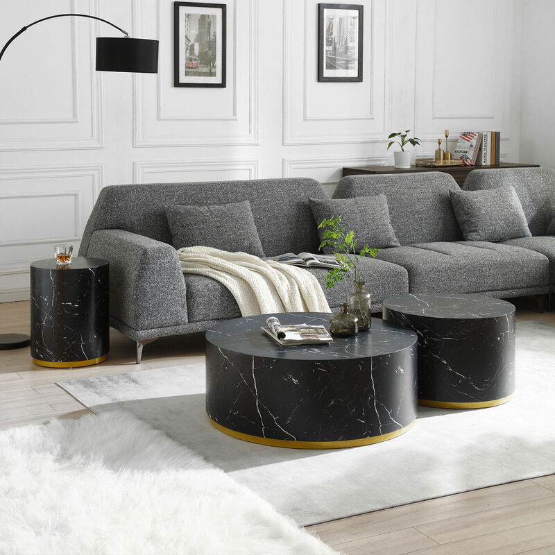 Black Marble Pattern Round Coffee Table Set