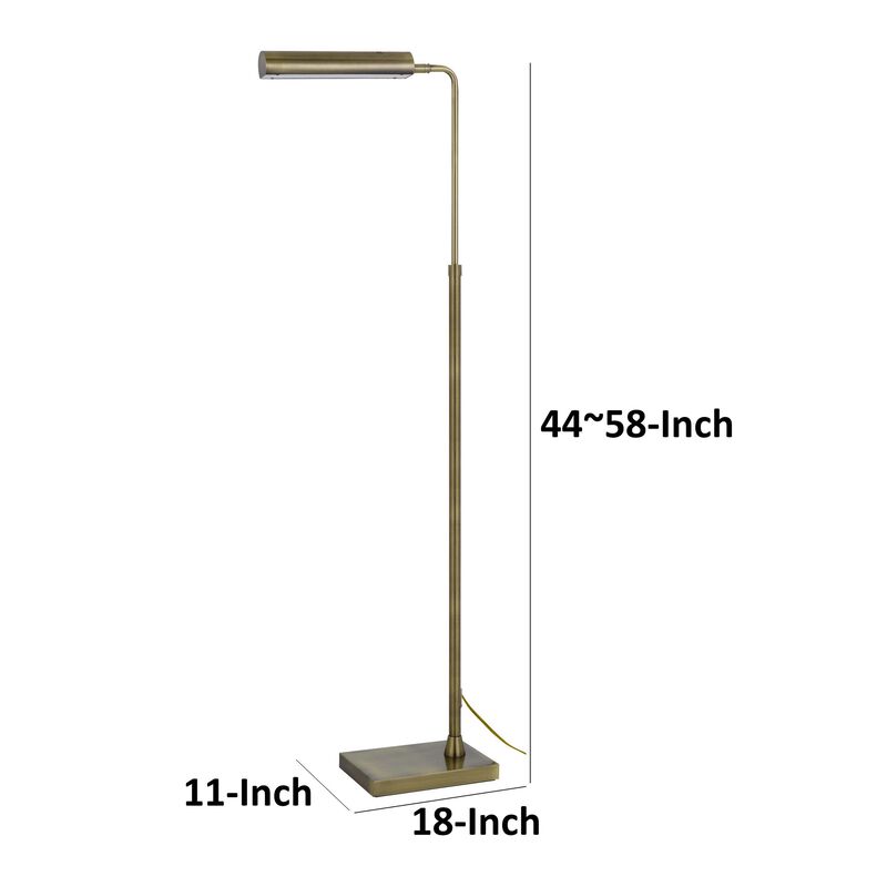 Kime 44-58 Inch Floor Lamp, Adjustable Height, LED, Antique Brass Finish - Benzara
