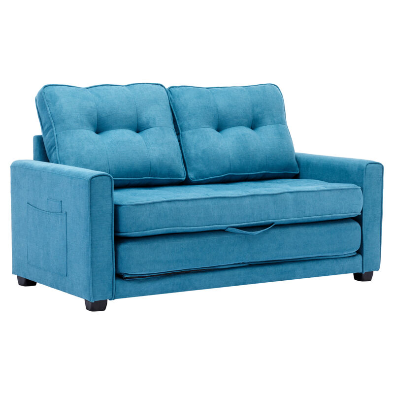 59.4" Loveseat Sofa with Pull-Out Bed Modern Upholstered Couch with Side Pocket for Living Room Office, Blue