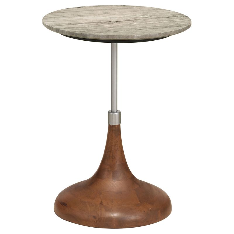 24 Inch Side Table, Round White Marble Top, Brown Mango Wood Pedestal Base - Benzara