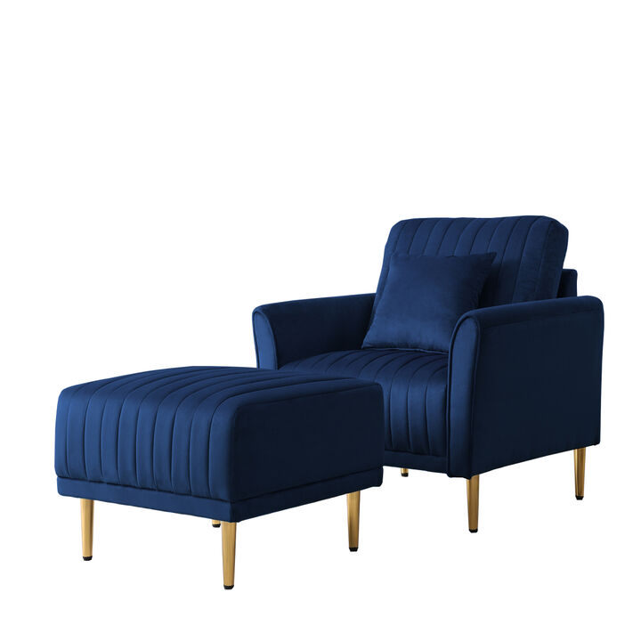 Accent Chair with Ottoman, Single Sofa Chair and Ottoman Set, Modern Velvet Barrel Chair Accent Armchair with Golden Legs for Living Room Bedroom Home Office, Channel Tufted Back Club Chair, Blue