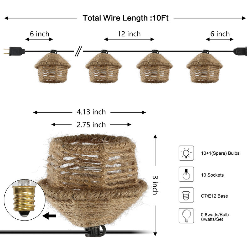 Maui 10-Light Indoor/Outdoor 10 ft. Mid-Century Vintage Incandescent G40 Tiki Hut Hemp Rope Shaded String Lights, Brown