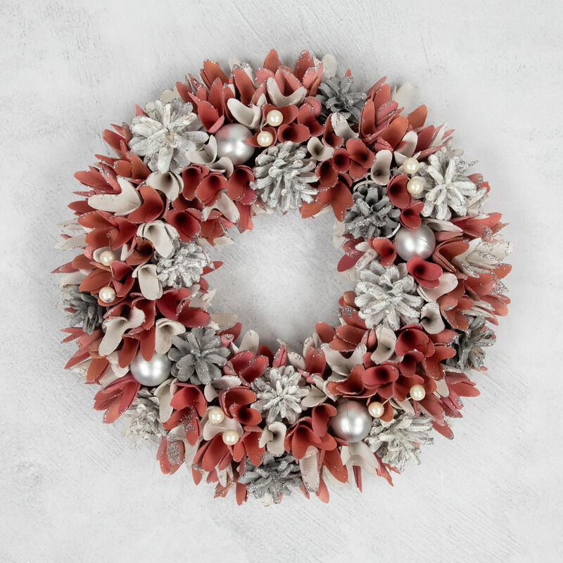 13" Pink and White Wooden Floral Christmas Wreath with Pinecones