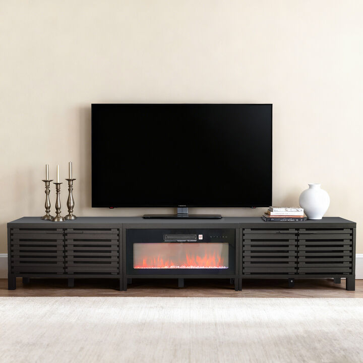 114" Modern Modular Black TV Stand with 36" Insert Electric Fireplace Heater, Entertainment Center with Storage Cabinet for TV up to 98"