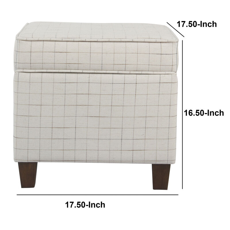 Wooden Square Ottoman with Grid Patterned Fabric Upholstery and Hidden Storage, Beige and Brown - Benzara