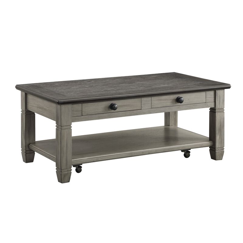 Rome 48 Inch Cocktail Table, 2 Drawers, Casters, Brown and Gray Solid Wood - Benzara