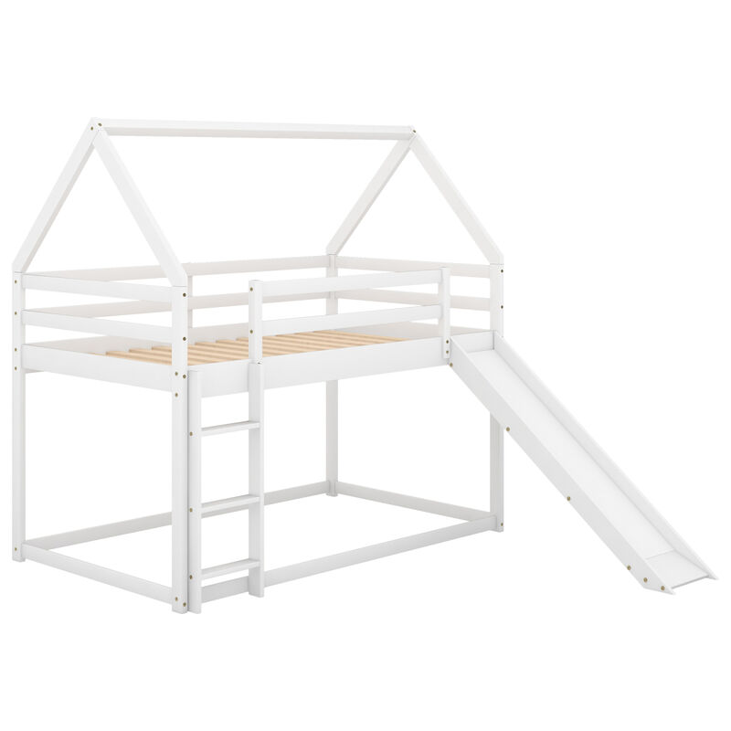 Twin Size Bunk House Bed with Slide and Ladder