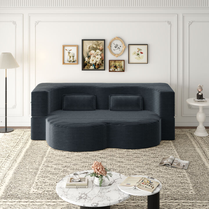 Modern Floor Sofa with 2 Pillows,Convertible Plush Corduroy Foam-Filled Sleeper Sofa
