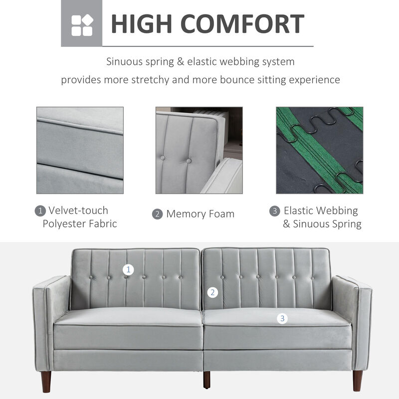 HOMCOM Convertible Sofa Bed, Sleeper Futon with Split Back Recline, Thick Padded Velvet-Touch Cushion Seating and Wood Legs, Light Gray