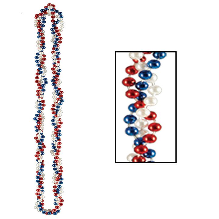 Set of 12 Patriotic Red  White and Blue Braided Party Bead Necklaces 33"