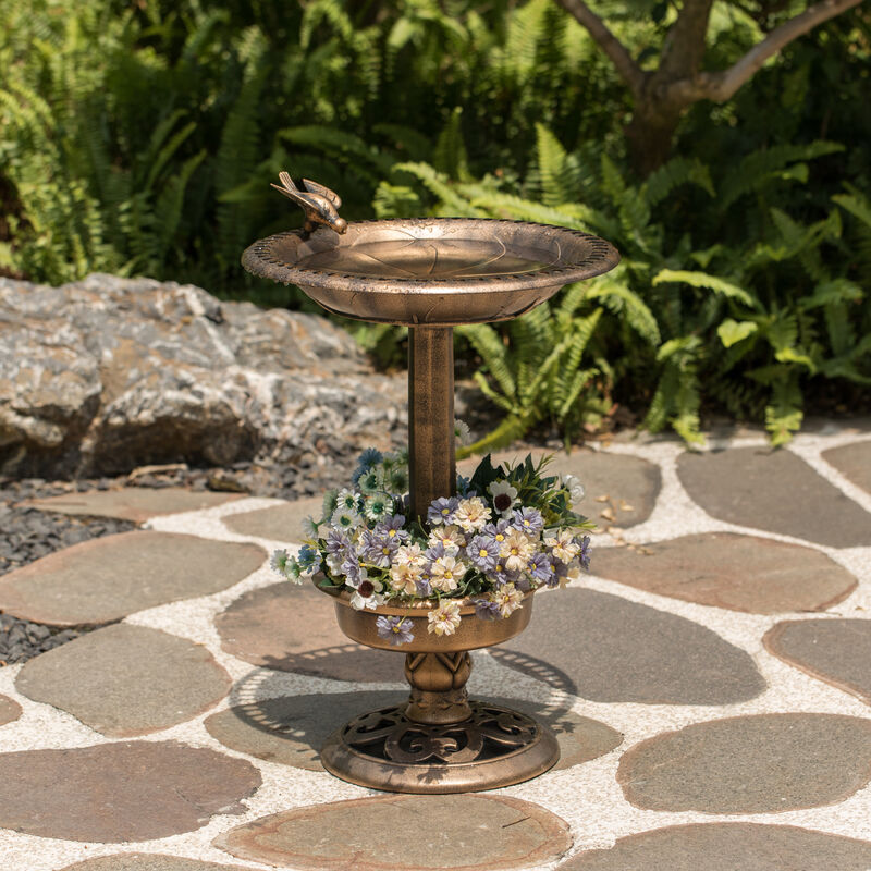 Outdoor Garden Bird Bath and Solar Powered Round Pond Fountain with Planter Bowl, Copper