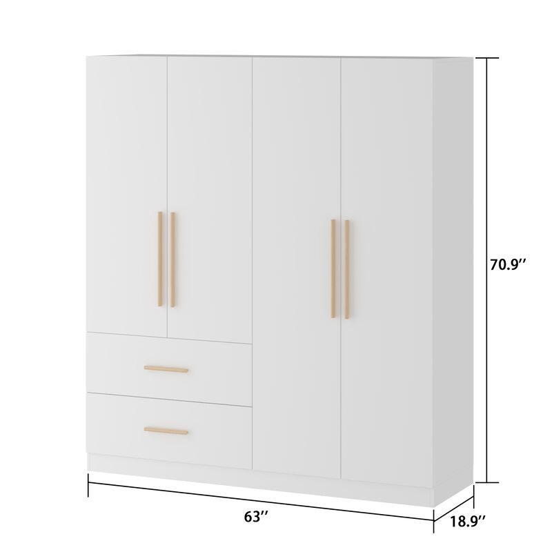 70.9 in. H x 19.5 in. D White 63 in. W 4-Door Big Wardrobe Armoires with Hanging Rods, Drawers and Storage Shelves