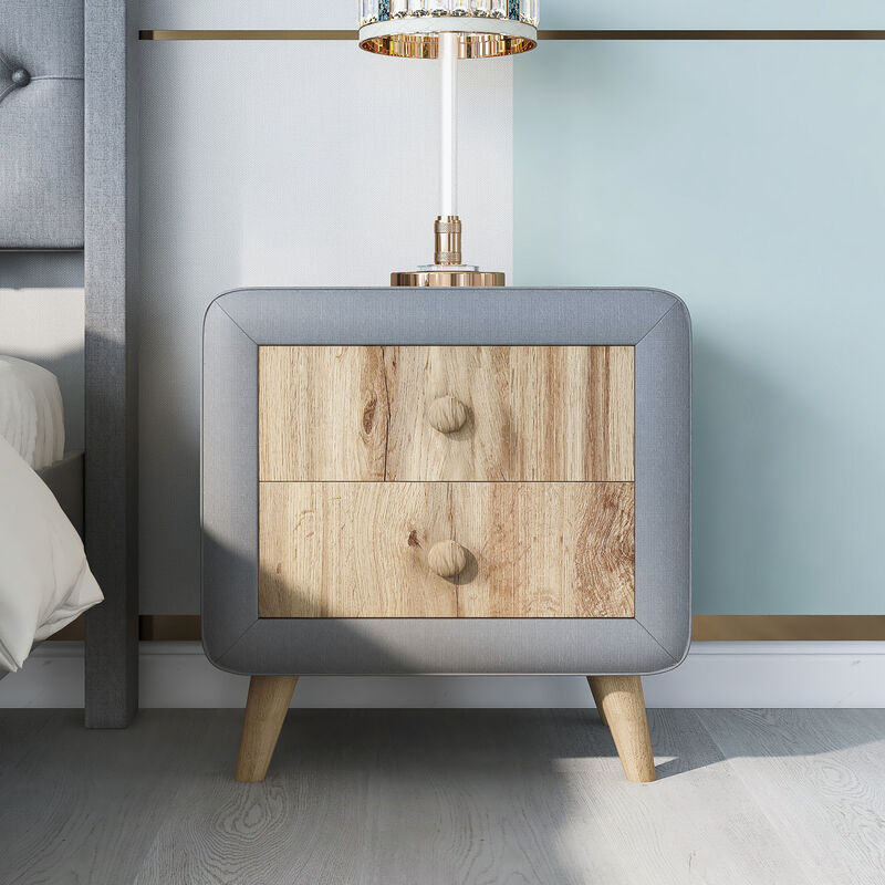 Upholstered Wooden Nightstand with 2 Drawers, Fully Assembled Except Legs and Handles, Bedside Table with Rubber Wood Leg