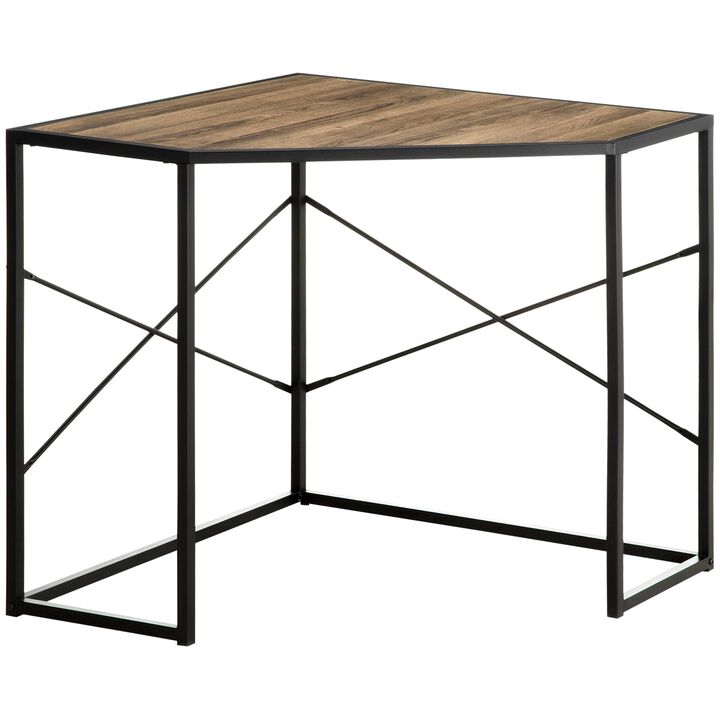 Black corner computer desk with steel frame, designed for small spaces and ideal as a workstation for writing.
