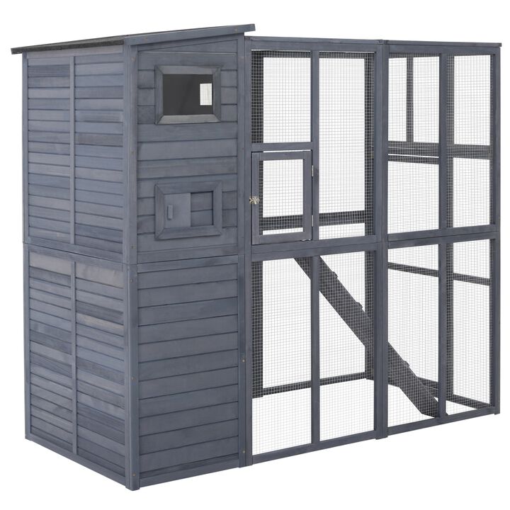 Cat House Outdoor Catio Kitty Enclosure with Platforms Run Lockable Doors and Asphalt Roof, 77" x 37" x 69", Grey