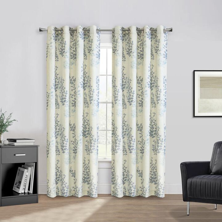 Habitat Lana Light Filtering Grommet Curtain Panel Two Tone Leaf Branches Bouquet Faux Linen Fabric Designed Blue