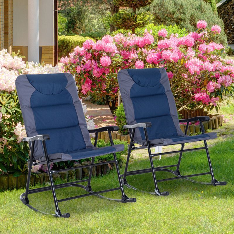 Navy Blue & Grey 2-Piece Folding Rocking Chair Set with Armrests, Padded Seat and Backrest