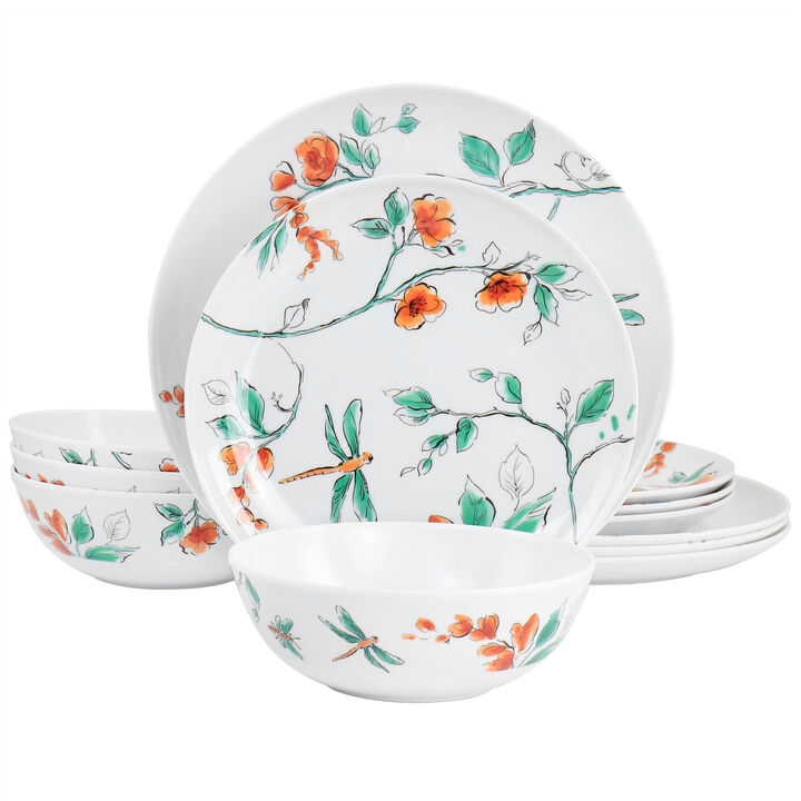 Martha Stewart 12 Piece Dragonfly Melamine Dinnerware Set in White