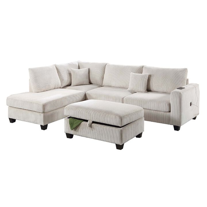 Roe 3pc Sectional Sofa Set with Chaise, Ottoman, 2 Pillows, Ivory - Benzara