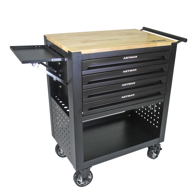 4 DRAWERS MULTIFUNCTIONAL TOOL CART WITH WHEELS AND WOODEN TOP