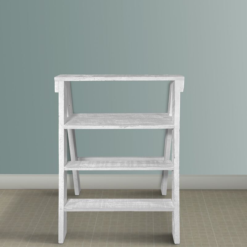 27 Inch Pinewood Ladder Bookcase, 4 Tier Open Shelves, Weathered White-Benzara