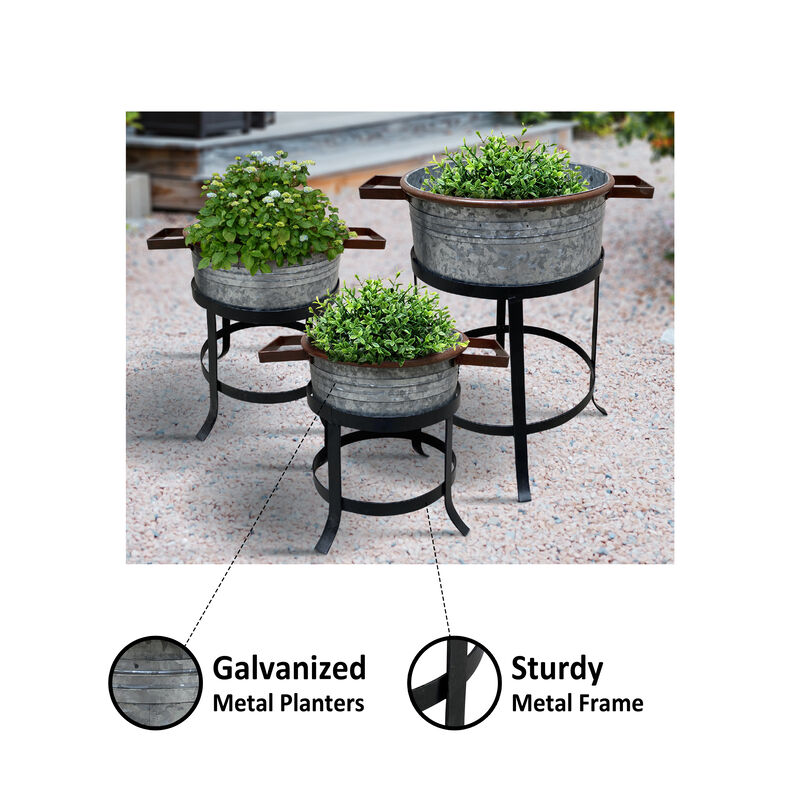 21, 18, and 16 Inch 3 Piece Round Tub Metal Planter Set with Stand in Galvanized Gray and Black Iron-Benzara