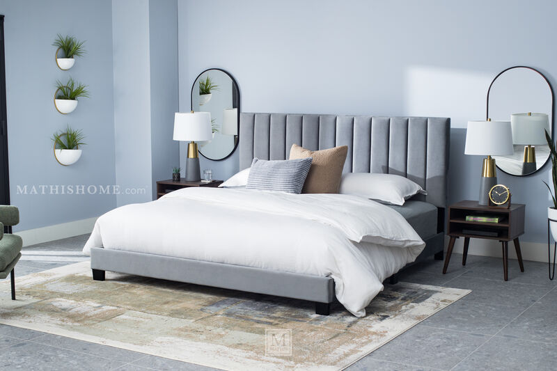 Coyote Gray Upholstered Bed w/ 2 Nightstands