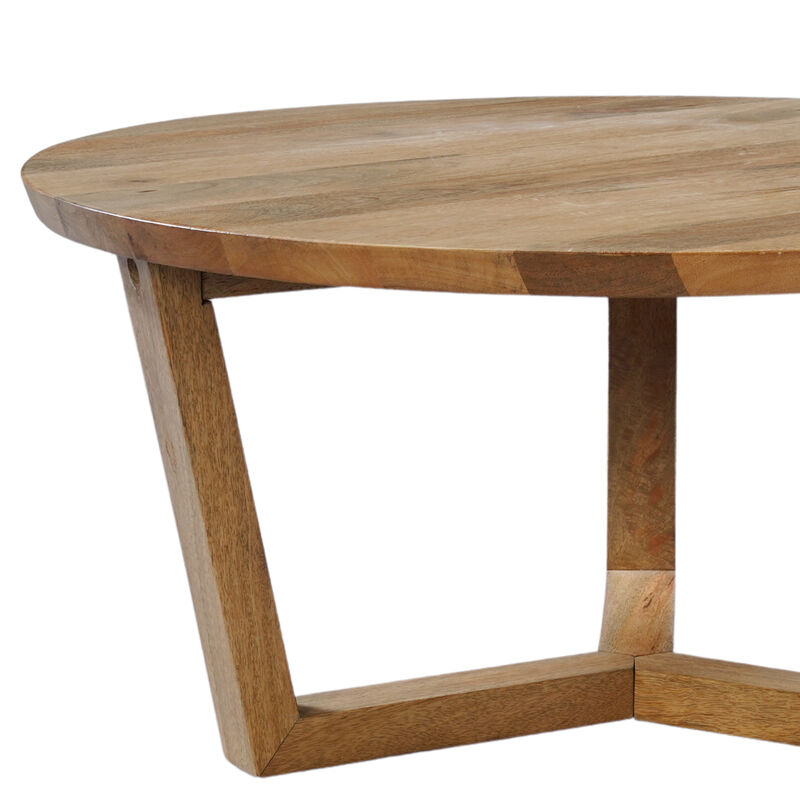 Vega 30 inch Round Mango Wood Coffee Table - Handcrafted Natural Brown, Sturdy 3-Leg Sled Base