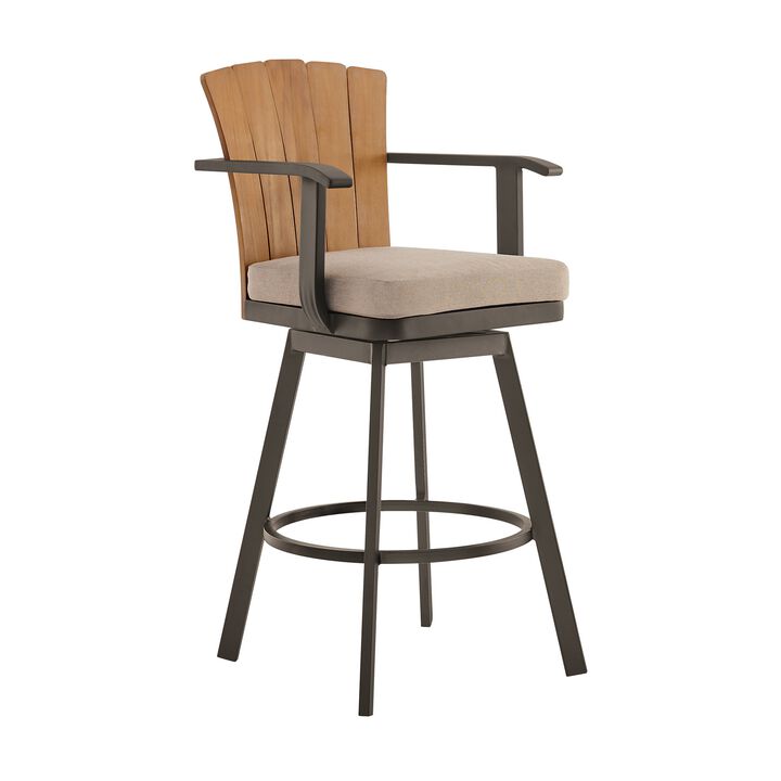 Luna 26 Inch Outdoor Swivel Counter Stool Chair, Rustic Teak Wood, Brown - Benzara