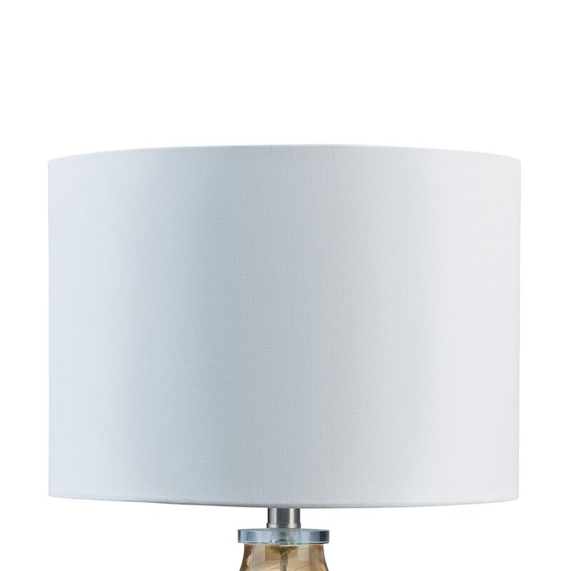 Amie 22 Inch Table Lamp, White Drum Shade, Drop Amber Glass Base, Metal - Benzara