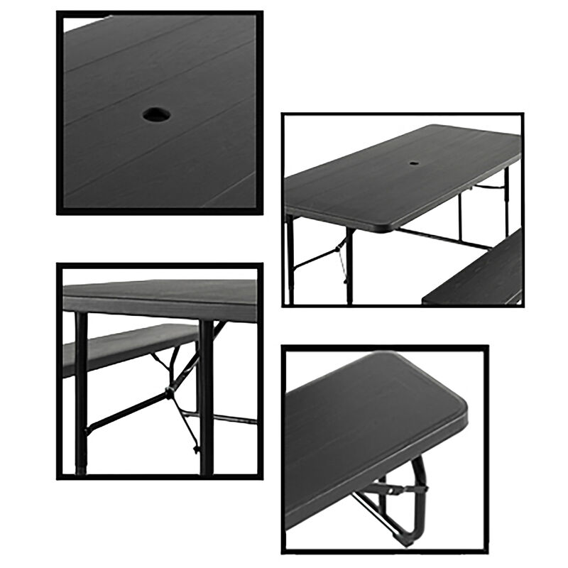 Outdoor Foldable Woodgrain Picnic Table Set with Metal Frame 6 Ft. Black