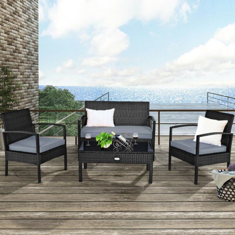 Hivvago 4 Pieces Patio Rattan Cushioned Furniture Set with Loveseat and Table