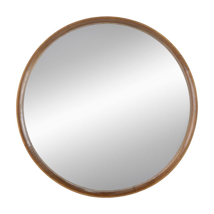 Roe 32 Inch Wall Mounted Round Mirror, Modern Brown Pine Wood Frame - Benzara