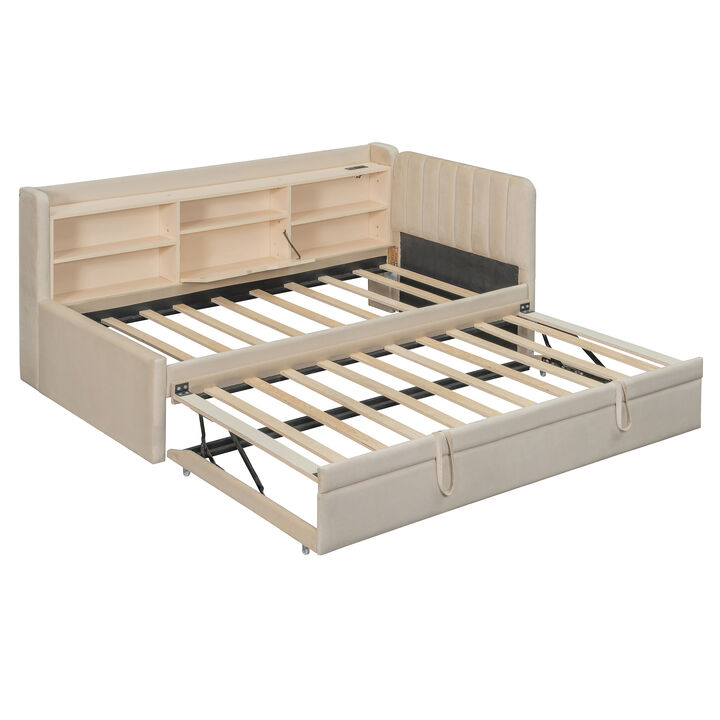 Merax Twin Size Upholstered Daybed with Pull-Up Trundle