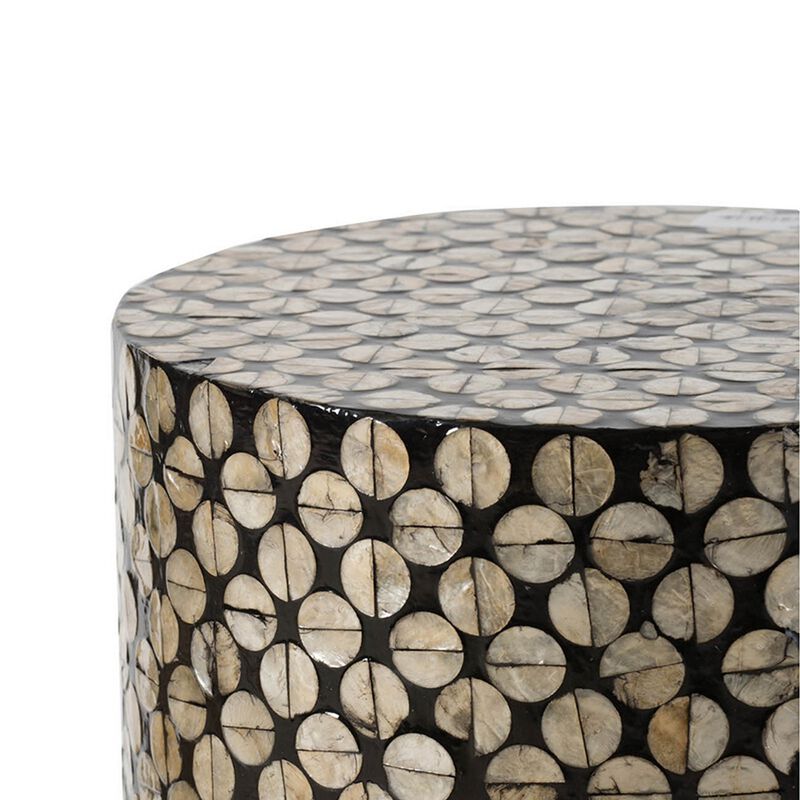 20 Inch Stool Table, Round Wood Design, Modern, Capiz Inlay, Black, White - Benzara