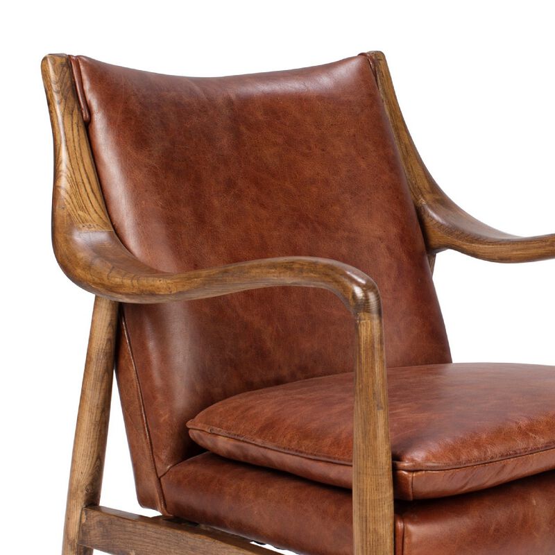29 Inch Classic Wood Club Chair, Top Grain Leather Seat, Curved Arms, Brown-Benzara