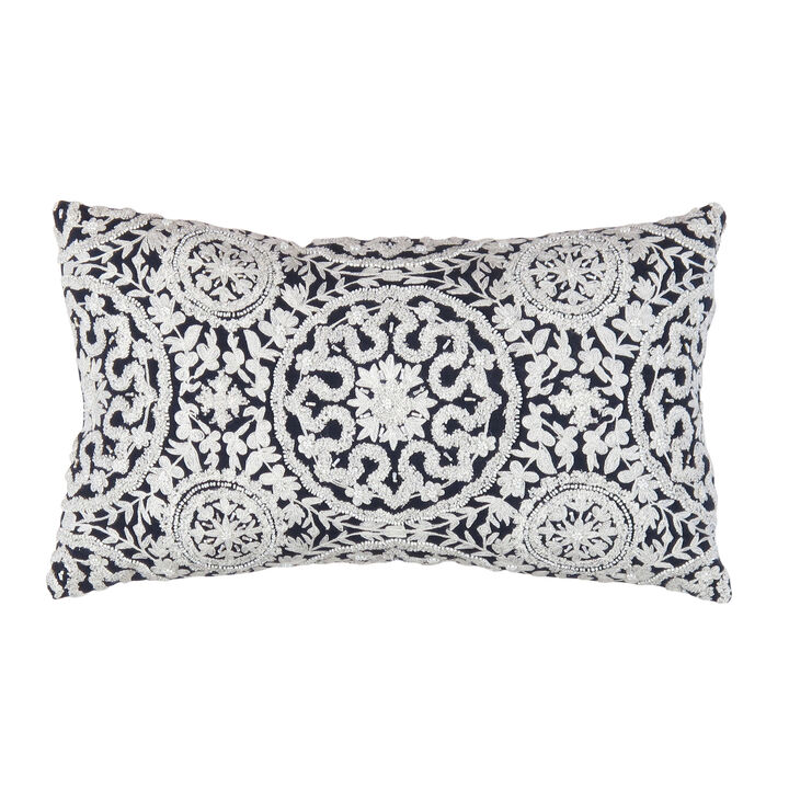 Pasargad Home Naples Embroidered Pillow, Navy/Taupe