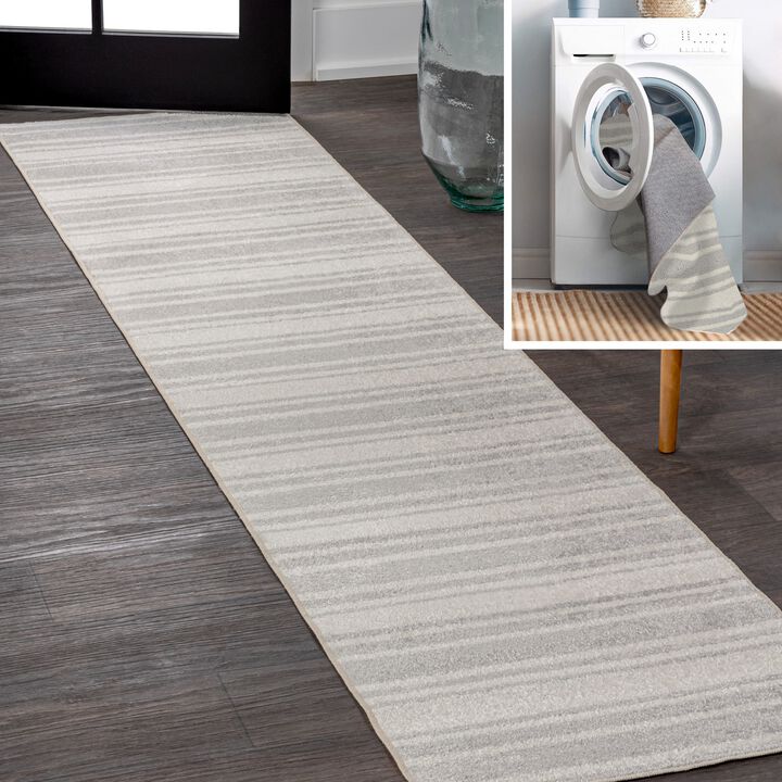 Fawning Two-Tone Striped Classic Low-Pile Machine-Washable Cream/Dark Gray Area Rug