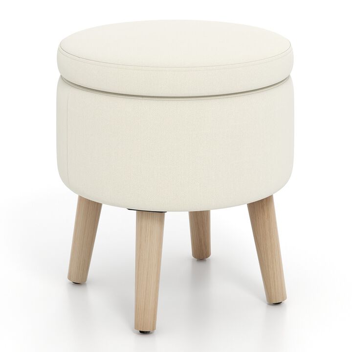 Round Storage Ottoman with Rubber Wood Legs and Adjustable Foot Pads