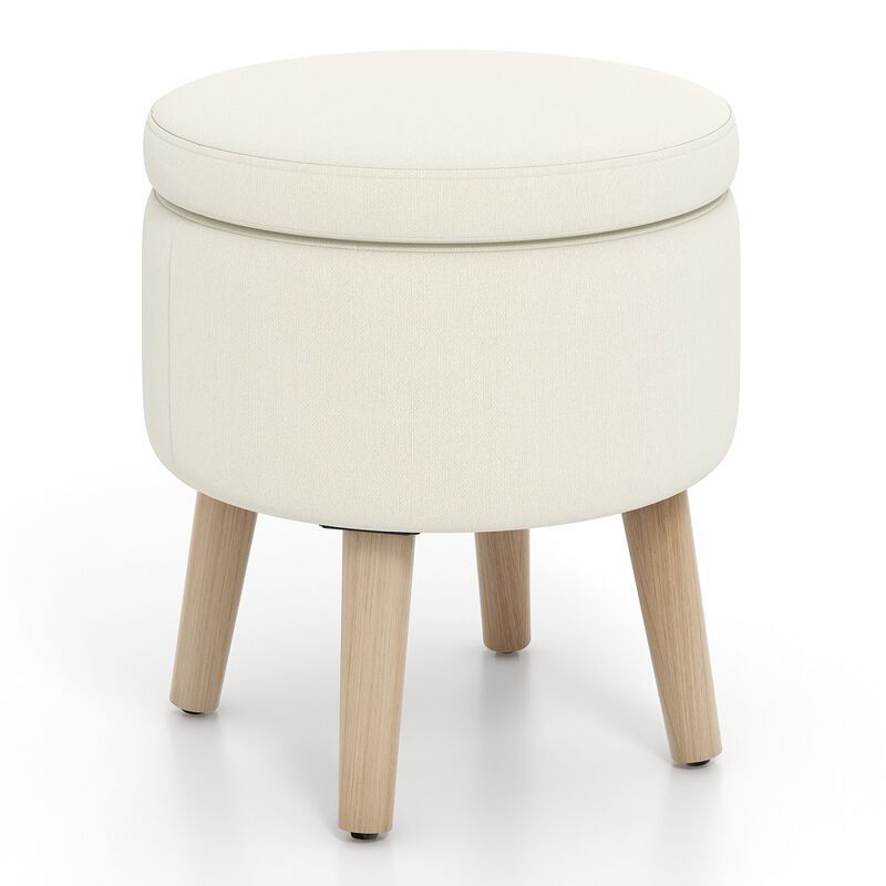 Round Storage Ottoman with Rubber Wood Legs and Adjustable Foot Pads