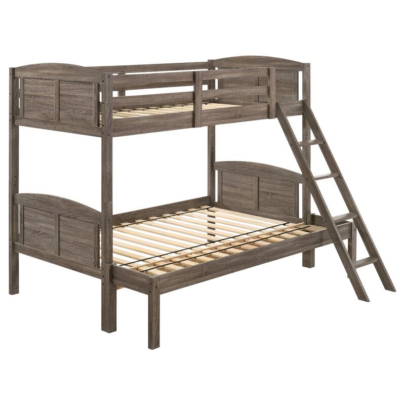 Twin over Full Bunk Bed Set, Slatted Guard Rails, Weathered Brown Wood - Benzara