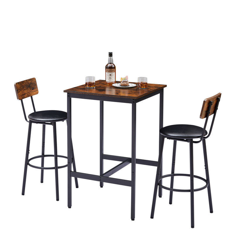 Rustic Brown Bar Table Set with 2 Stools, 23.62" W X 23.62" D X 35.43"