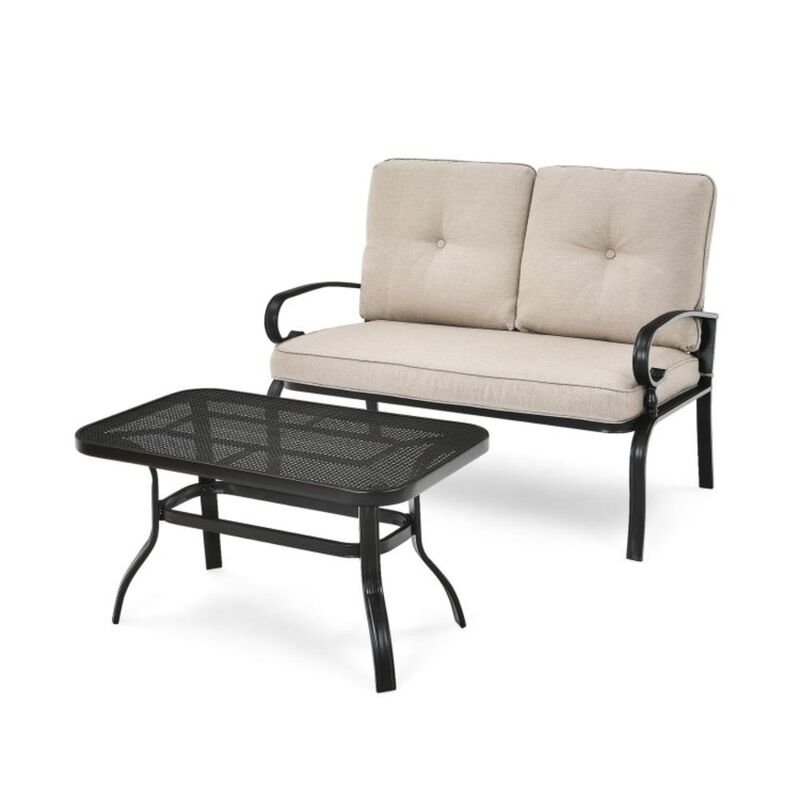 Hivvago 2 Pieces Patio Loveseat Bench Table Furniture Set with Cushioned Chair