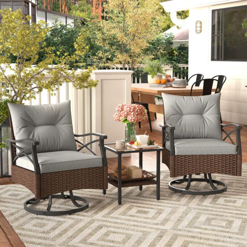 Hivvago 3 Pieces Outdoor Swivel Rocking Chairs Set with 2-Tier Tempered Glass Side Table