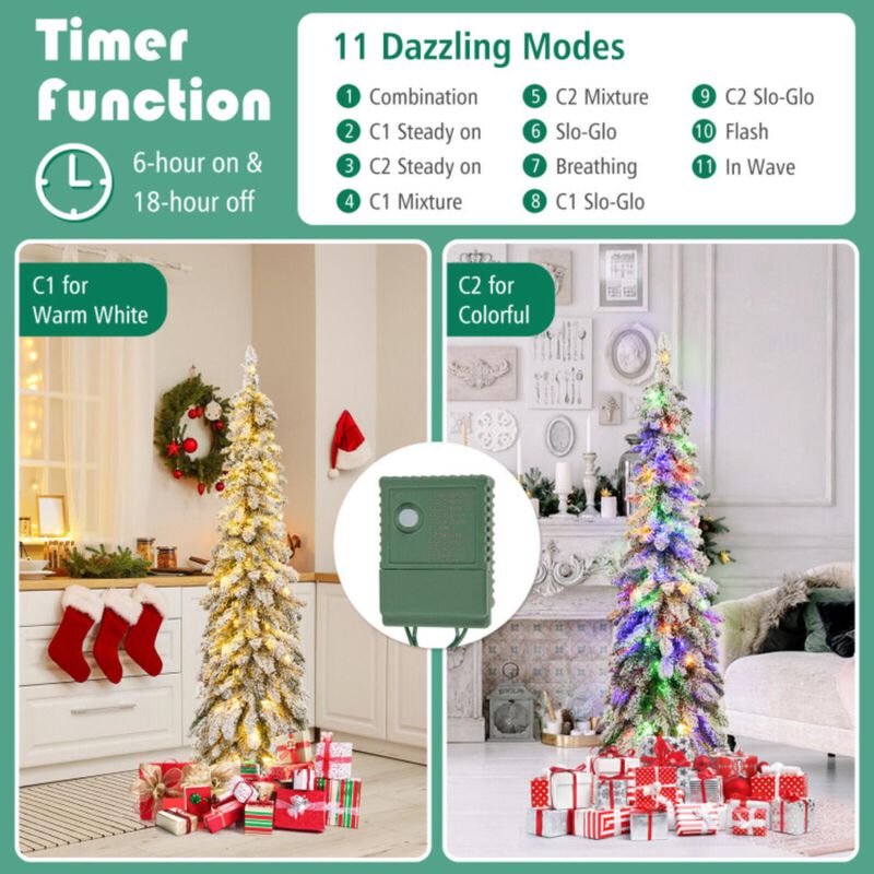 Hivvago 4/5/6 Feet Pre-Lit Artificial Christmas Tree Snow-Flocked Slim Pencil Xmas Decor