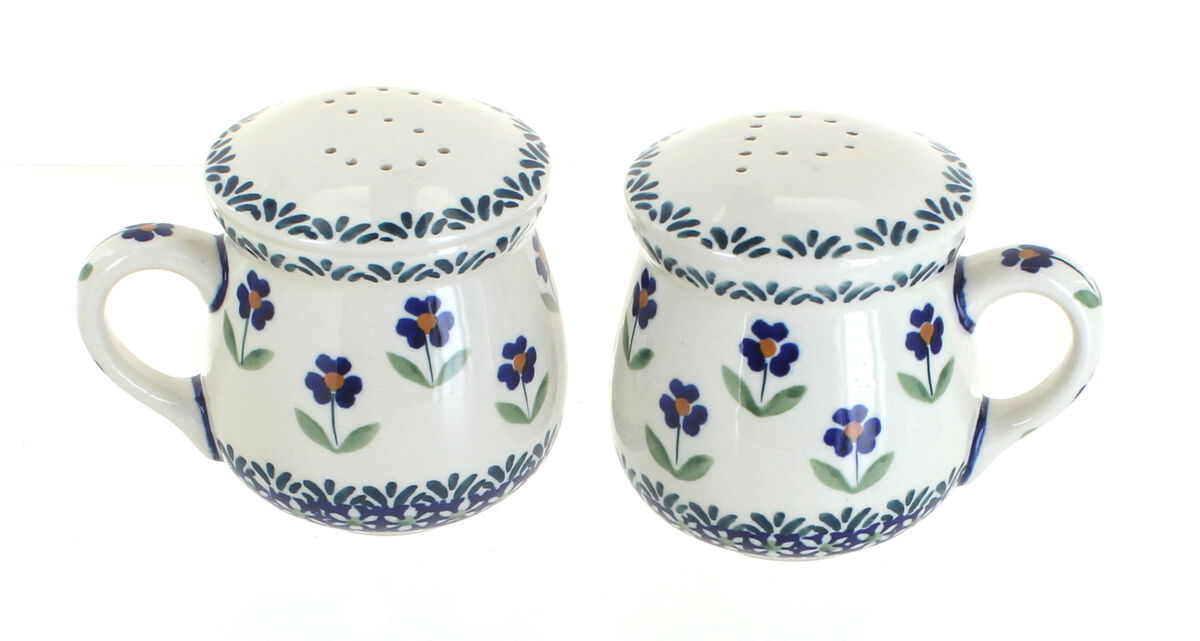 Blue Rose Polish Pottery Garden Bouquet Salt & Pepper Shakers with Handles