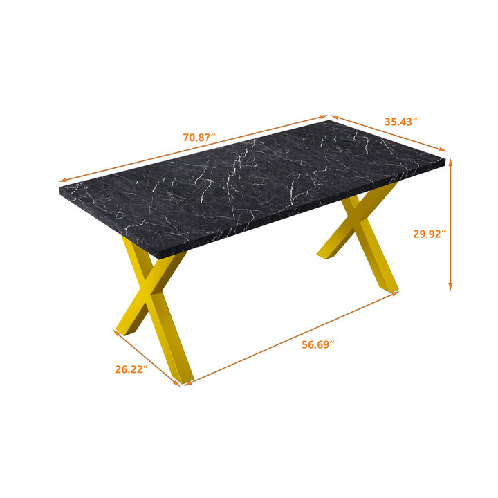 70.87" Modern Square Dining Table with Printed Black Marble Tabletop+Gold X-Shaped Table Leg