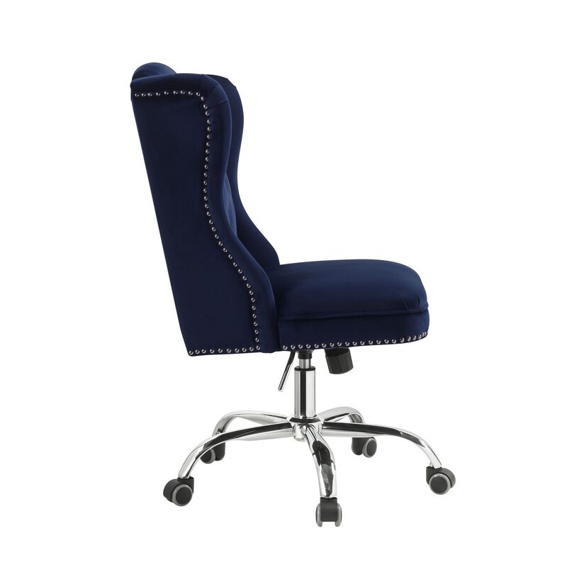 Velvet Upholstered Armless Swivel and Adjustable Tufted Office Chair, Blue-Benzara