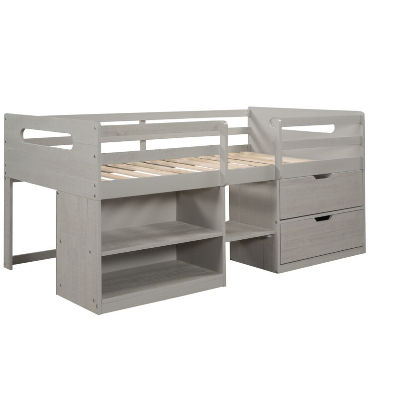 Twin size Loft Bed with Two Shelves and Two drawers (White)