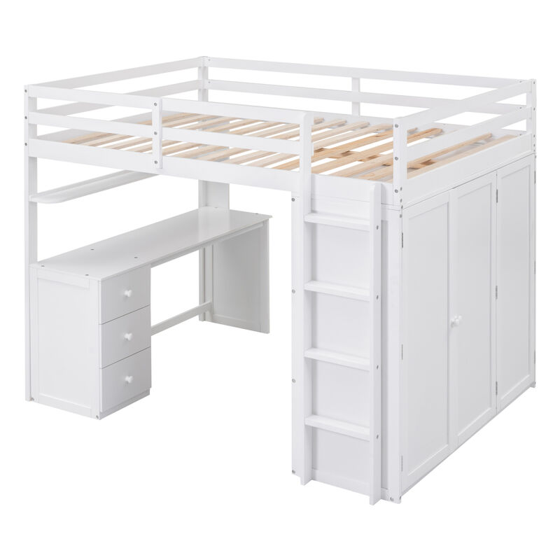 Full size Loft Bed with Drawers, Desk, and Wardrobe-White